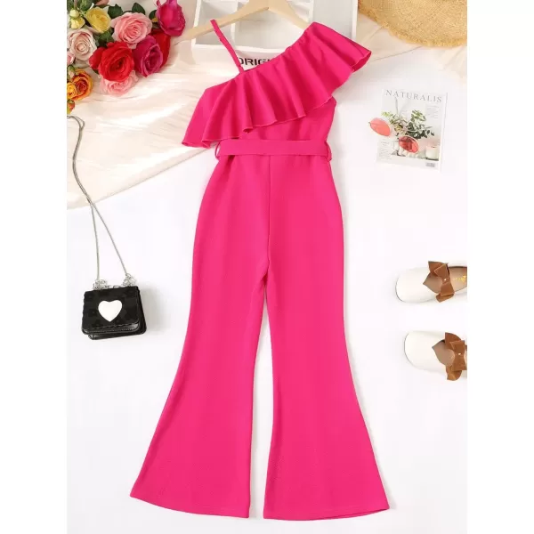 WDIRARA Girl's Ruffle Trim Asymmetrical Neck Sleeveless Belted Flare Leg Romper Cute Long Jumpsuit