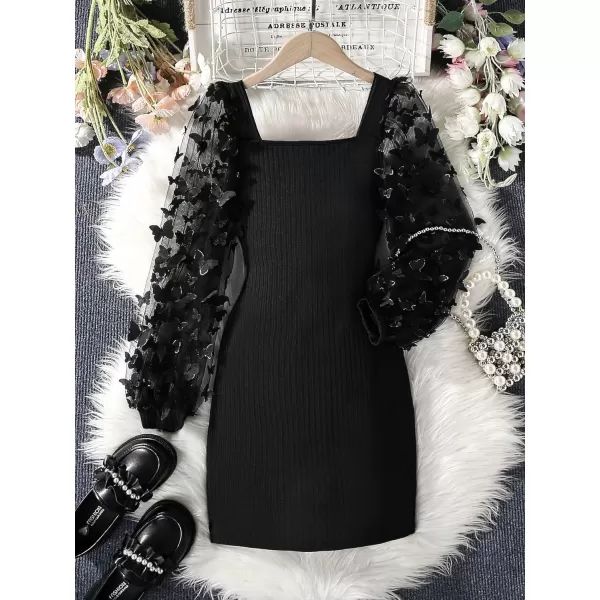 WDIRARA Girl's Sheer Mesh Flounce Long Sleeve Appliques Square Neck Dress