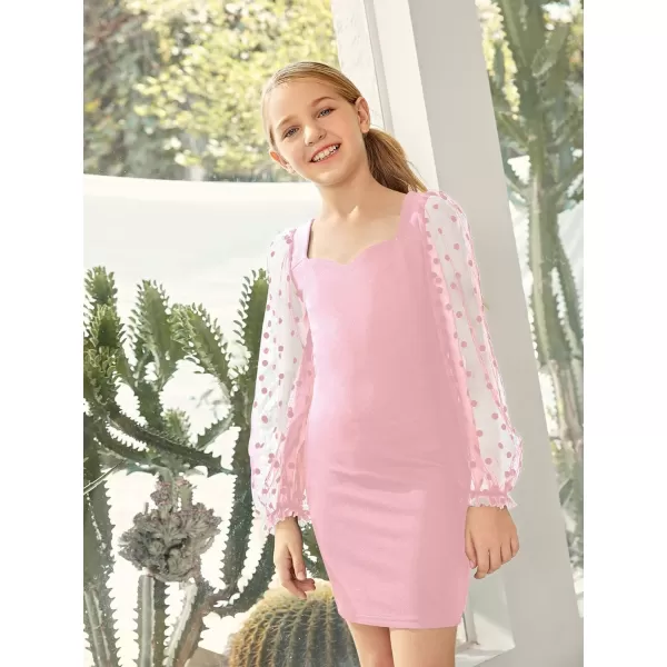 WDIRARA Girl's Sheer Mesh Flounce Long Sleeve Appliques Square Neck Dress