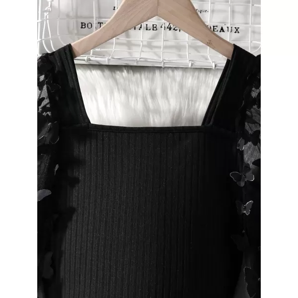 WDIRARA Girl's Sheer Mesh Flounce Long Sleeve Appliques Square Neck Dress