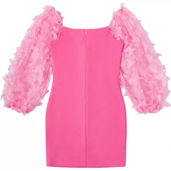 WDIRARA Girl's Sheer Mesh Flounce Long Sleeve Appliques Square Neck Dress