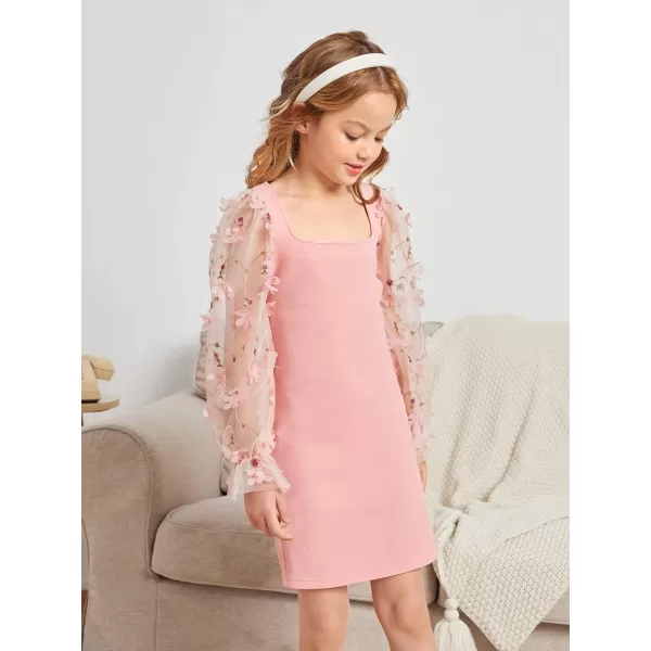 WDIRARA Girl's Sheer Mesh Flounce Long Sleeve Appliques Square Neck Dress