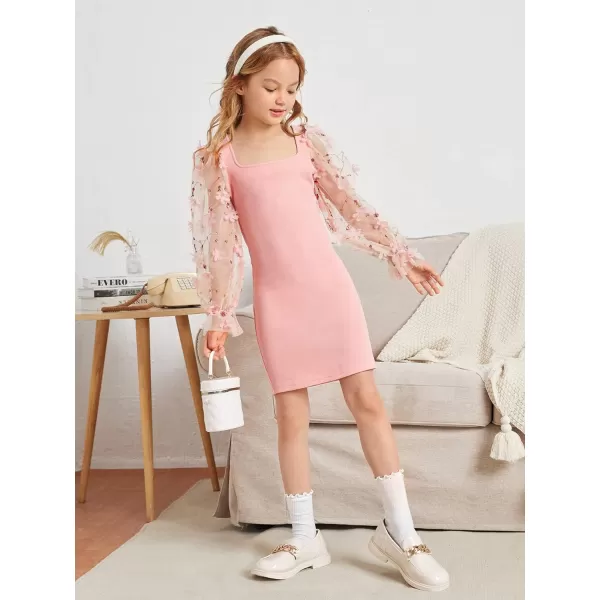 WDIRARA Girl's Sheer Mesh Flounce Long Sleeve Appliques Square Neck Dress