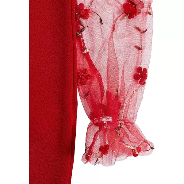 WDIRARA Girl's Sheer Mesh Flounce Long Sleeve Appliques Square Neck Dress