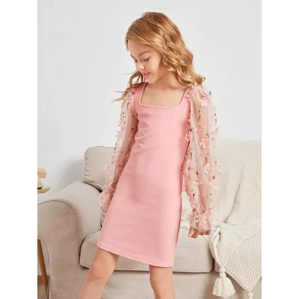 WDIRARA Girl's Sheer Mesh Flounce Long Sleeve Appliques Square Neck Dress