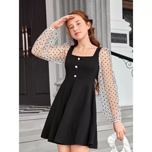 WDIRARA Girl's Sheer Mesh Flounce Long Sleeve Appliques Square Neck Dress