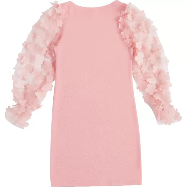 WDIRARA Girl's Sheer Mesh Flounce Long Sleeve Appliques Square Neck Dress