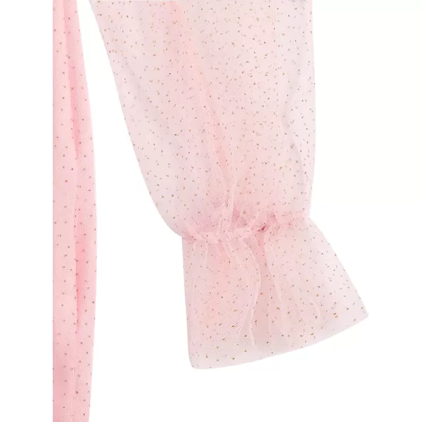 WDIRARA Girl's Sheer Mesh Flounce Long Sleeve Appliques Square Neck Dress