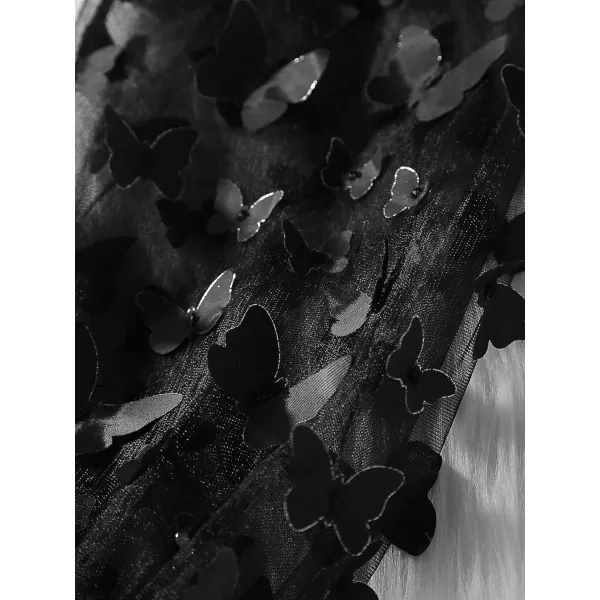 WDIRARA Girl's Sheer Mesh Flounce Long Sleeve Appliques Square Neck Dress