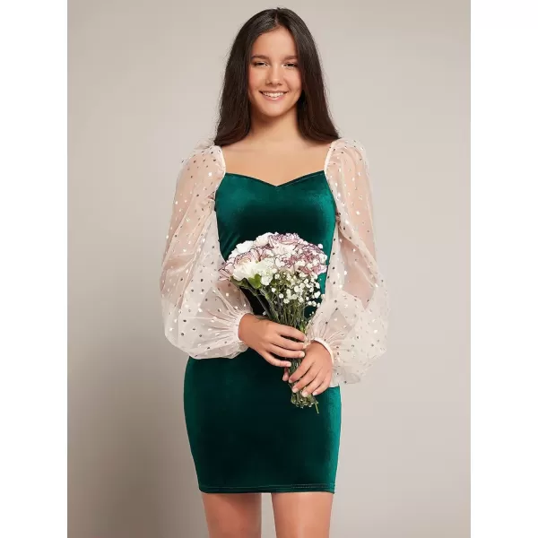 WDIRARA Girl's Sheer Mesh Flounce Long Sleeve Appliques Square Neck Dress