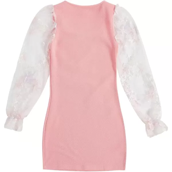 WDIRARA Girl's Sheer Mesh Flounce Long Sleeve Appliques Square Neck Dress