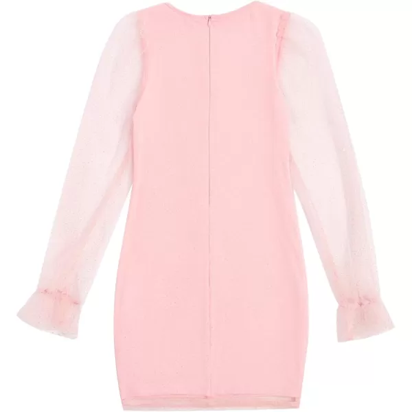 WDIRARA Girl's Sheer Mesh Flounce Long Sleeve Appliques Square Neck Dress