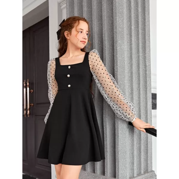 WDIRARA Girl's Sheer Mesh Flounce Long Sleeve Appliques Square Neck Dress