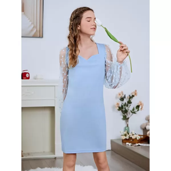 WDIRARA Girl's Sheer Mesh Flounce Long Sleeve Appliques Square Neck Dress
