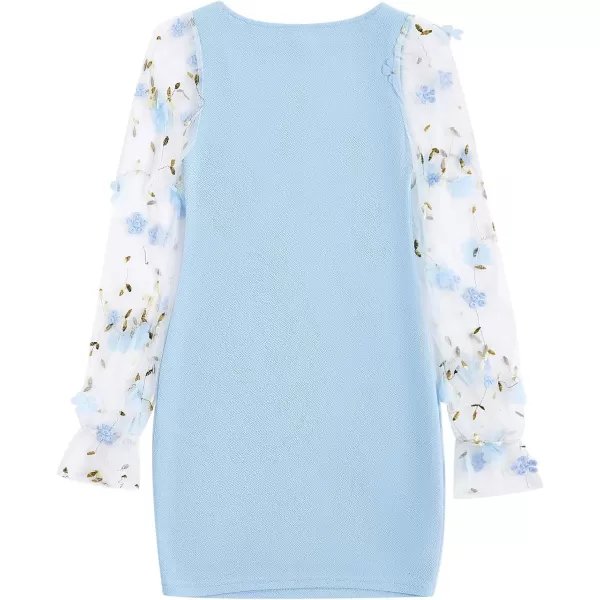 WDIRARA Girl's Sheer Mesh Flounce Long Sleeve Appliques Square Neck Dress