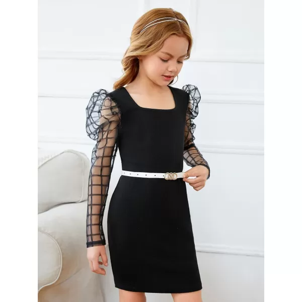 WDIRARA Girl's Sheer Mesh Puff Long Sleeve Round Neck Bodycon Mini Dress
