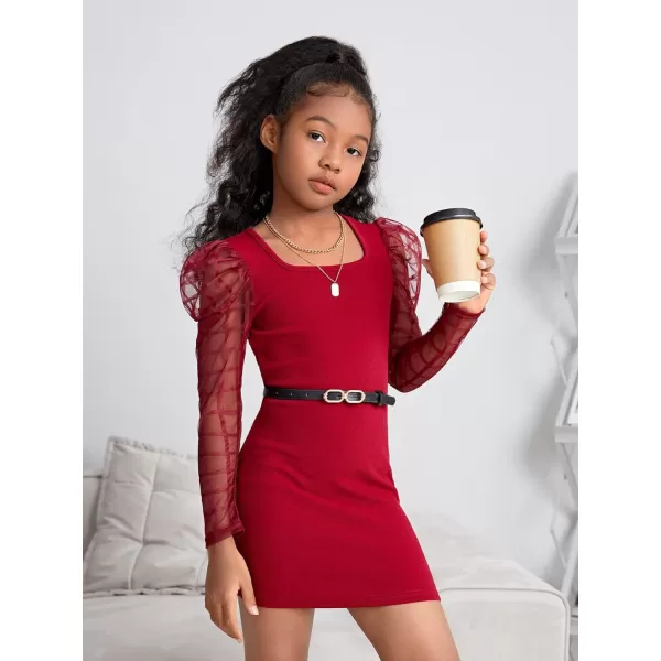 WDIRARA Girl's Sheer Mesh Puff Long Sleeve Round Neck Bodycon Mini Dress