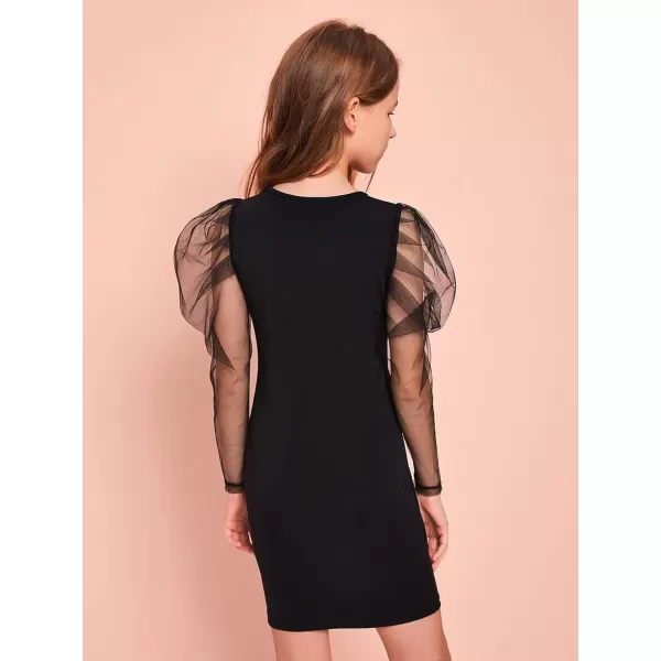 WDIRARA Girl's Sheer Mesh Puff Long Sleeve Round Neck Bodycon Mini Dress