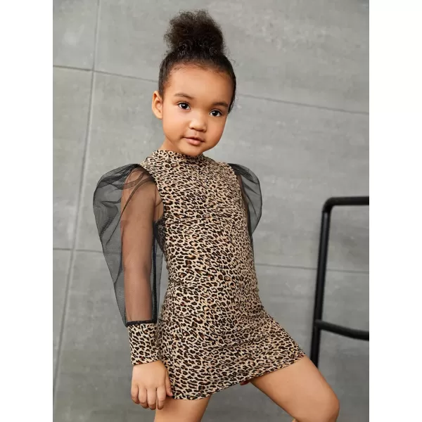 WDIRARA Girl's Sheer Mesh Puff Long Sleeve Round Neck Bodycon Mini Dress