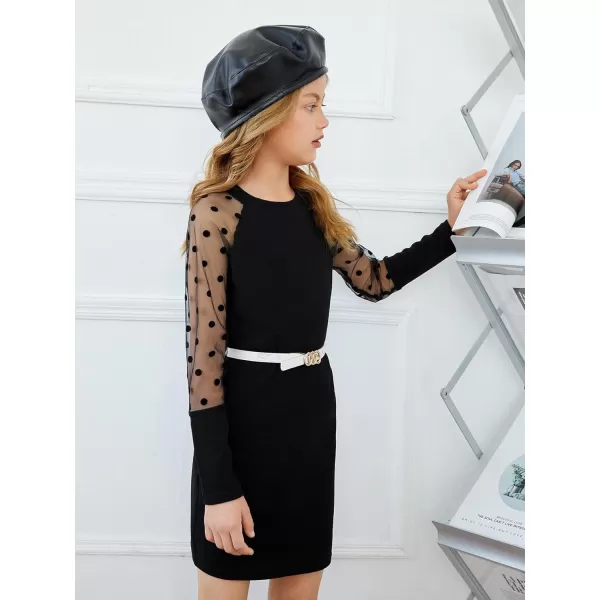 WDIRARA Girl's Sheer Mesh Puff Long Sleeve Round Neck Bodycon Mini Dress