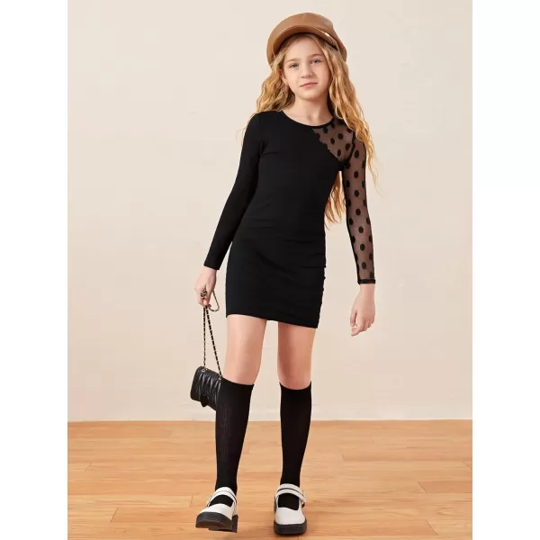 WDIRARA Girl's Sheer Mesh Puff Long Sleeve Round Neck Bodycon Mini Dress