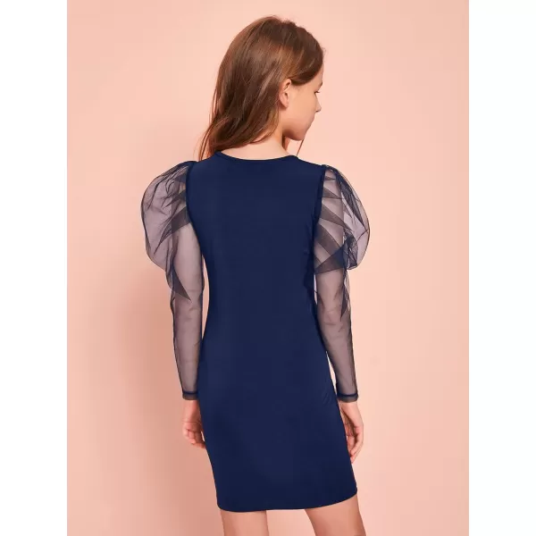 WDIRARA Girl's Sheer Mesh Puff Long Sleeve Round Neck Bodycon Mini Dress