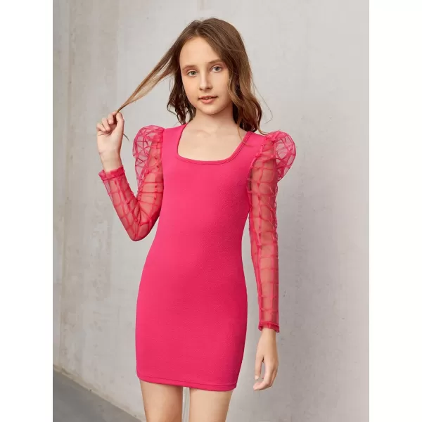WDIRARA Girl's Sheer Mesh Puff Long Sleeve Round Neck Bodycon Mini Dress
