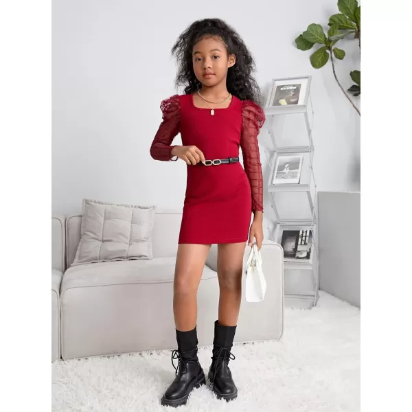 WDIRARA Girl's Sheer Mesh Puff Long Sleeve Round Neck Bodycon Mini Dress