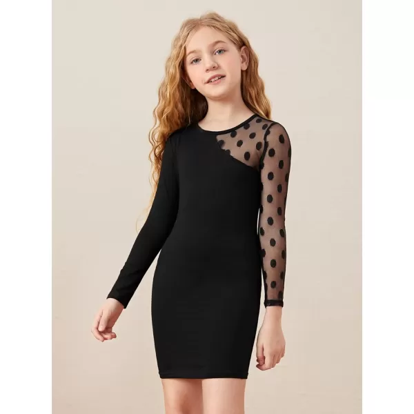 WDIRARA Girl's Sheer Mesh Puff Long Sleeve Round Neck Bodycon Mini Dress