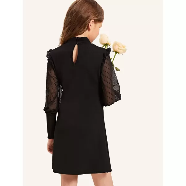 WDIRARA Girl's Sheer Mesh Puff Long Sleeve Round Neck Bodycon Mini Dress
