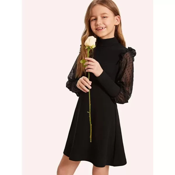WDIRARA Girl's Sheer Mesh Puff Long Sleeve Round Neck Bodycon Mini Dress