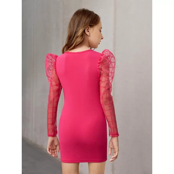 WDIRARA Girl's Sheer Mesh Puff Long Sleeve Round Neck Bodycon Mini Dress