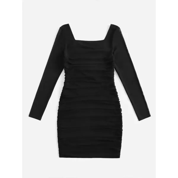 WDIRARA Girl's Square Neck Long Sleeve Ruched Bodycon Dress Casual Dresses