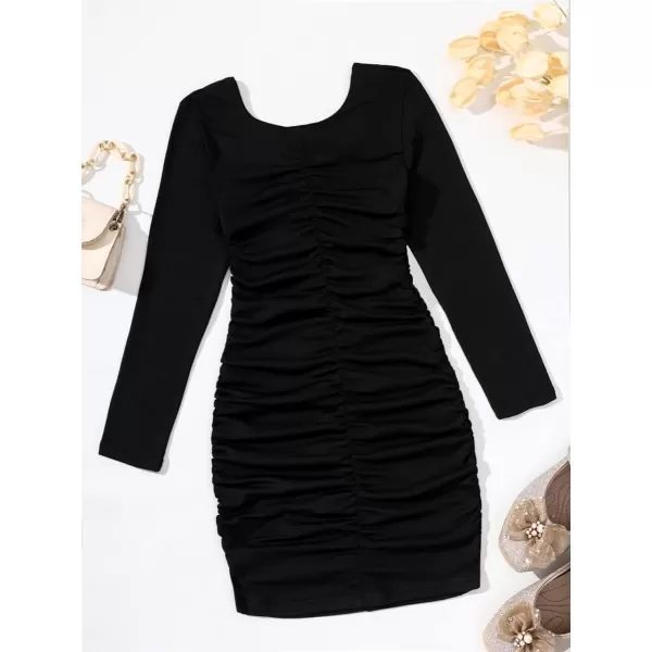 WDIRARA Girl's Square Neck Long Sleeve Ruched Bodycon Dress Casual Dresses