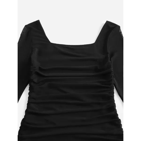 WDIRARA Girl's Square Neck Long Sleeve Ruched Bodycon Dress Casual Dresses