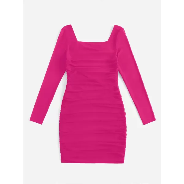 WDIRARA Girl's Square Neck Long Sleeve Ruched Bodycon Dress Casual Dresses