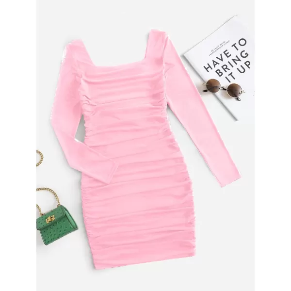 WDIRARA Girl's Square Neck Long Sleeve Ruched Bodycon Dress Casual Dresses