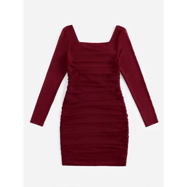 WDIRARA Girl's Square Neck Long Sleeve Ruched Bodycon Dress Casual Dresses
