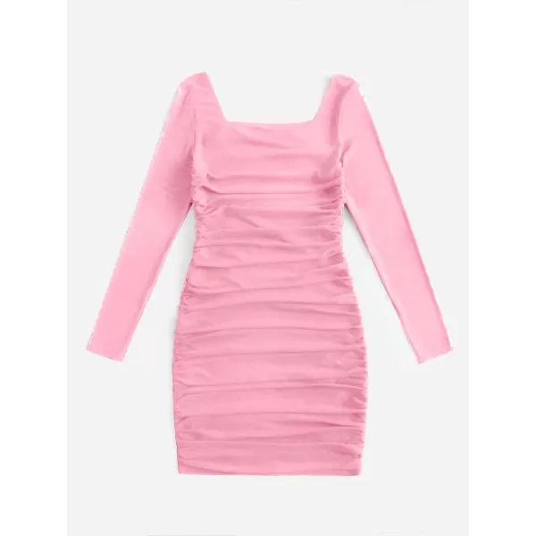 WDIRARA Girl's Square Neck Long Sleeve Ruched Bodycon Dress Casual Dresses