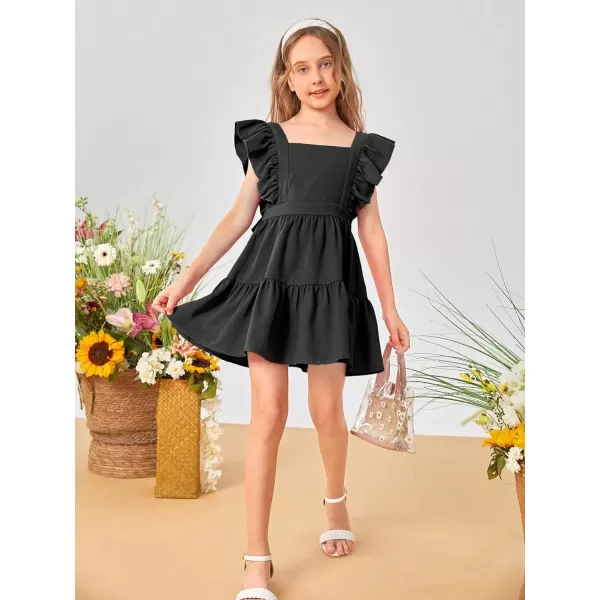 WDIRARA Girl's Square Neck Ruffle Cap Sleeve Bow Tie Back Flounce Hem A Line Dress
