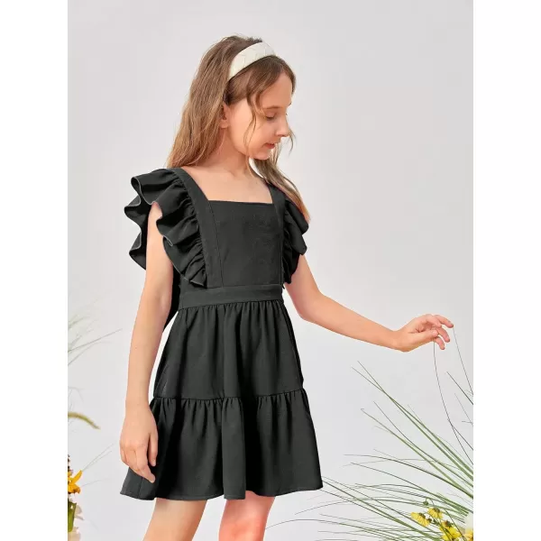 WDIRARA Girl's Square Neck Ruffle Cap Sleeve Bow Tie Back Flounce Hem A Line Dress