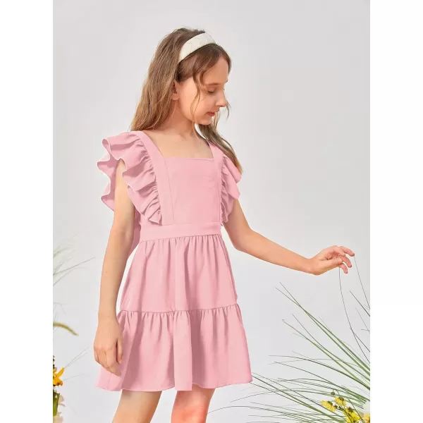 WDIRARA Girl's Square Neck Ruffle Cap Sleeve Bow Tie Back Flounce Hem A Line Dress