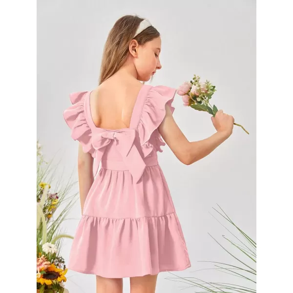 WDIRARA Girl's Square Neck Ruffle Cap Sleeve Bow Tie Back Flounce Hem A Line Dress