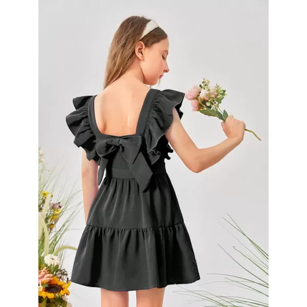 WDIRARA Girl's Square Neck Ruffle Cap Sleeve Bow Tie Back Flounce Hem A Line Dress