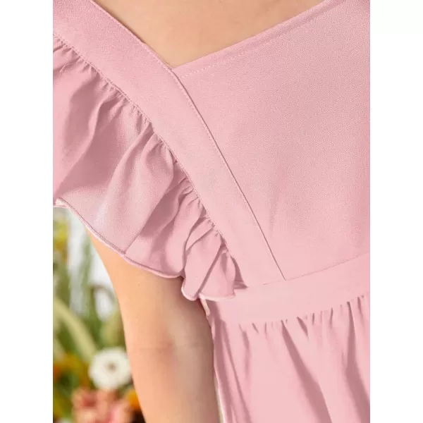 WDIRARA Girl's Square Neck Ruffle Cap Sleeve Bow Tie Back Flounce Hem A Line Dress