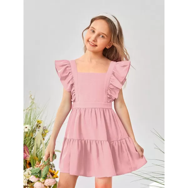 WDIRARA Girl's Square Neck Ruffle Cap Sleeve Bow Tie Back Flounce Hem A Line Dress