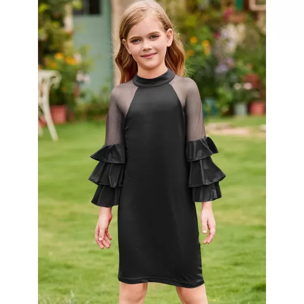 WDIRARA Girl's Velvet Mesh Layered Bell Sleeve Party Elegant 3/4 Sleeve Short Dress