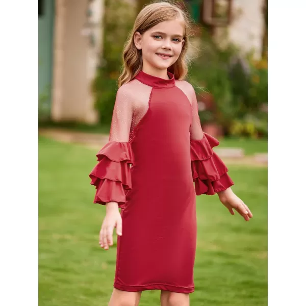 WDIRARA Girl's Velvet Mesh Layered Bell Sleeve Party Elegant 3/4 Sleeve Short Dress