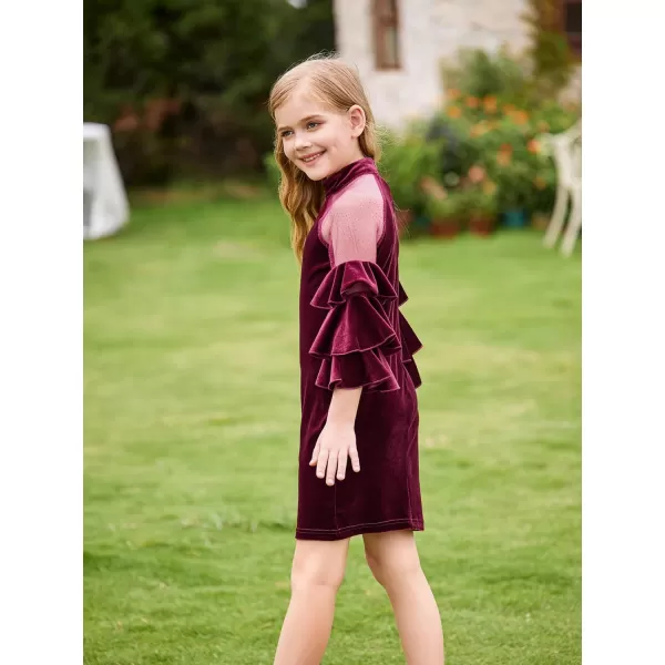 WDIRARA Girl's Velvet Mesh Layered Bell Sleeve Party Elegant 3/4 Sleeve Short Dress