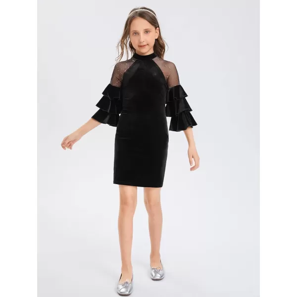 WDIRARA Girl's Velvet Mesh Layered Bell Sleeve Party Elegant 3/4 Sleeve Short Dress